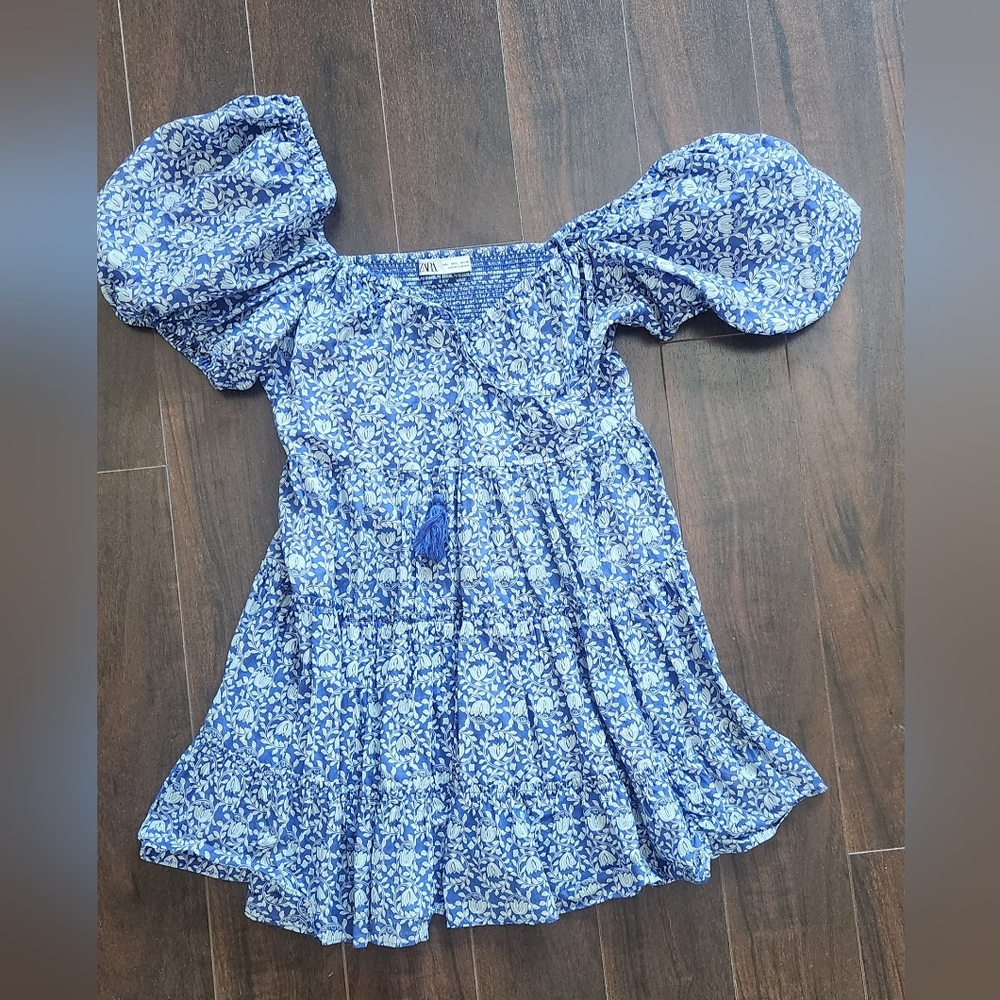 Zara Blue and White Square Neck Mini Dress